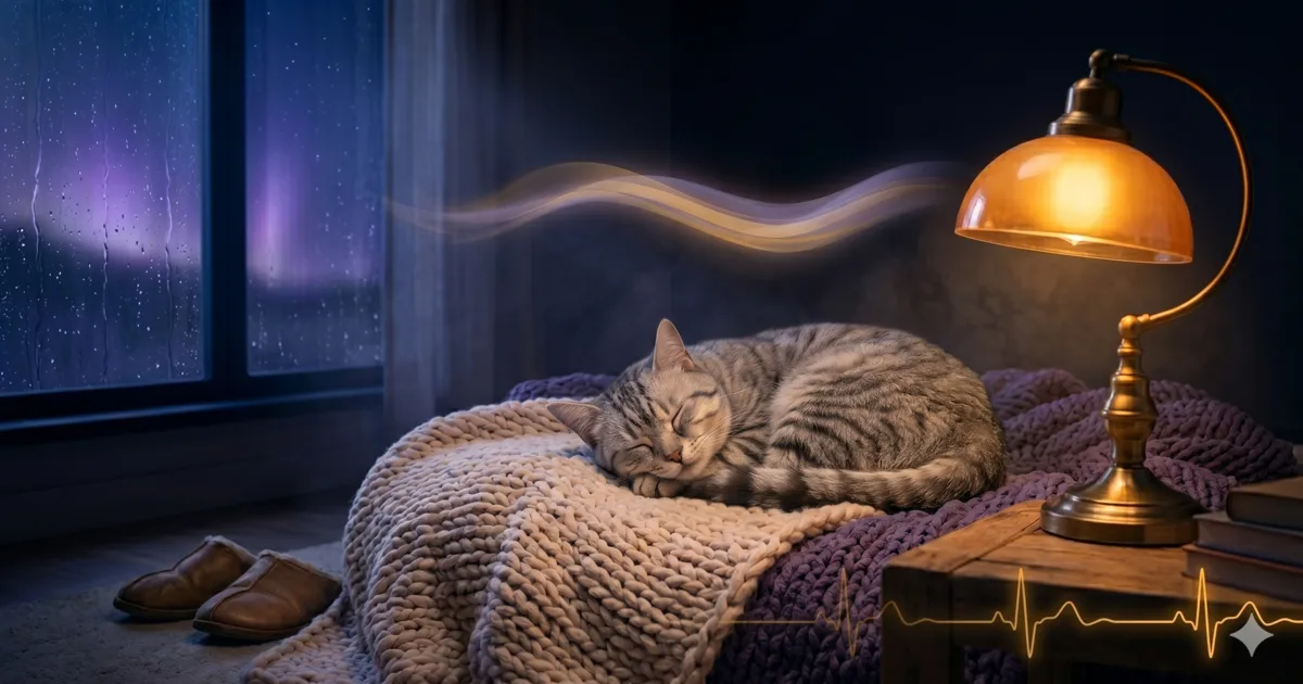 A calm cat resting on a blanket at night with soft soundwaves — sounds to calm anxious pets, dogs and cats