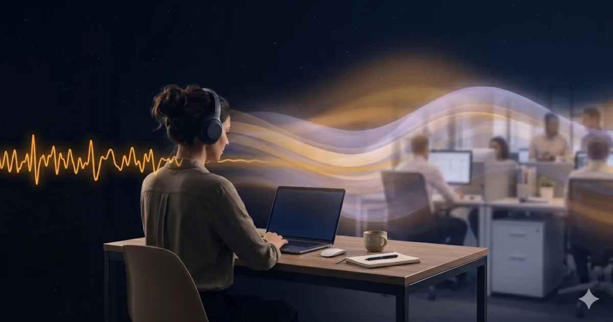 Calm soundwaves over a workspace at night — white noise for the office and open-plan focus